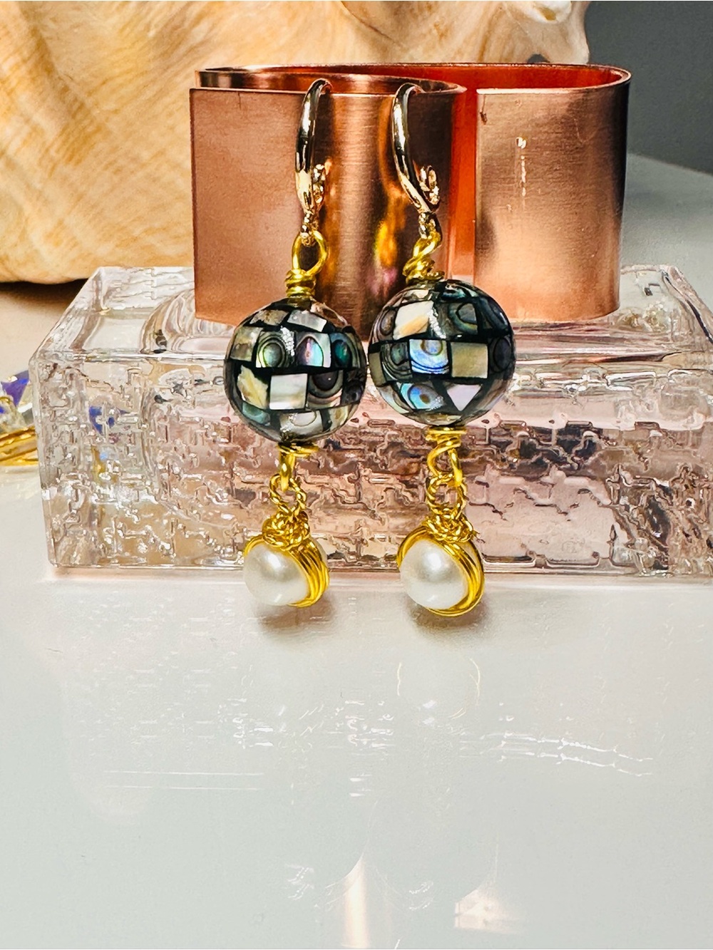 Handcrafted Abalone Mosaic and Fresh water Pearl Drop Earrings